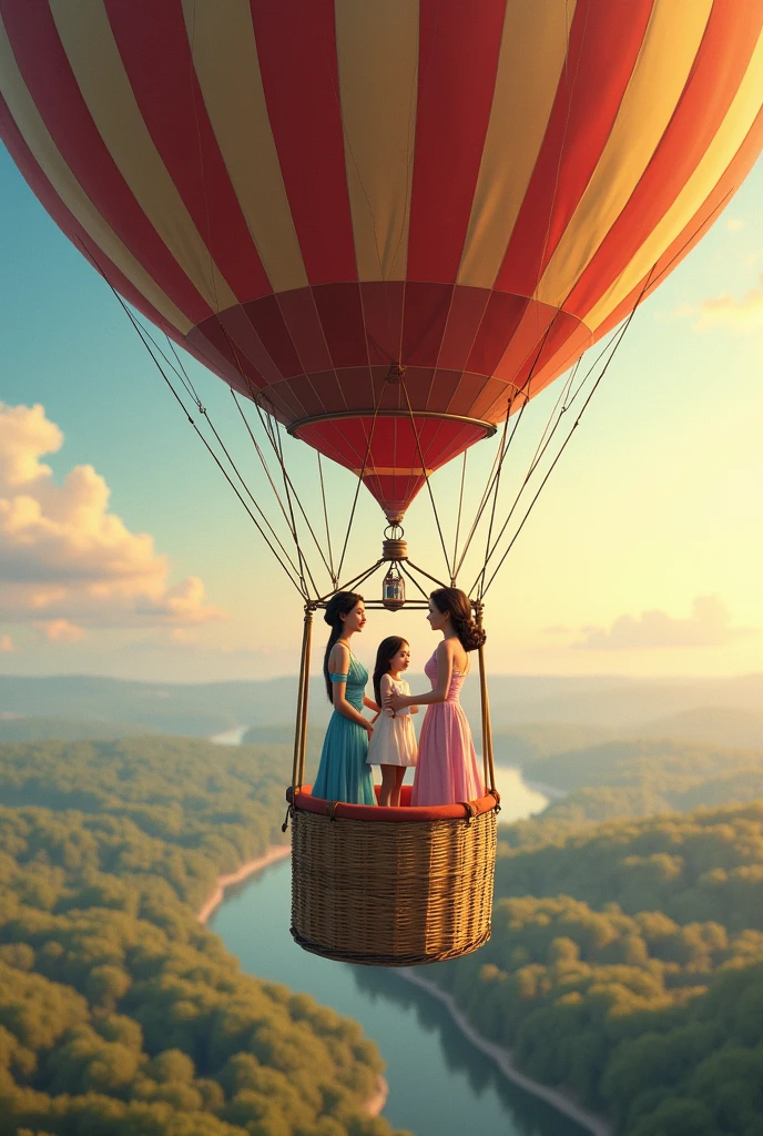 a hot air balloon, with two women while showing with a girl he is discovering himself
