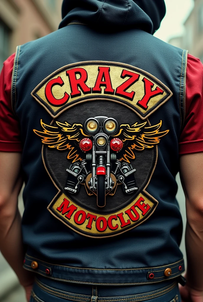 a logo for motorcycle club vest for two members, with double crazy motoclue name above and below the logo