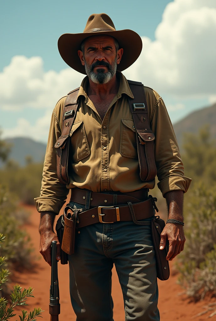 A 2 man wearing cowboy clothes and a hat from the time of the sugar mill owners, small black beard, with a shotgun on his back, This man has to be a strong man but not muscular and in the northeastern backlands in the caatinga.