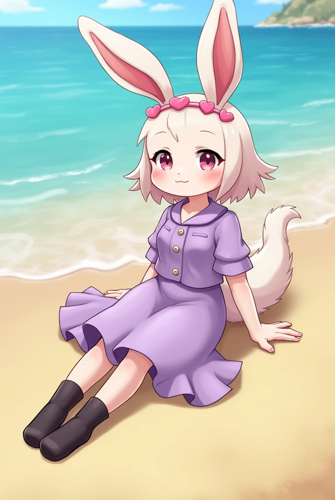My imaginary friend has a rabbit head ,cat body, bunny tail and cat ears; Her outfit will be a purple blouse with black shoes and a lilac skirt and a heart-shaped headband on her head.; is going to be on the beach
