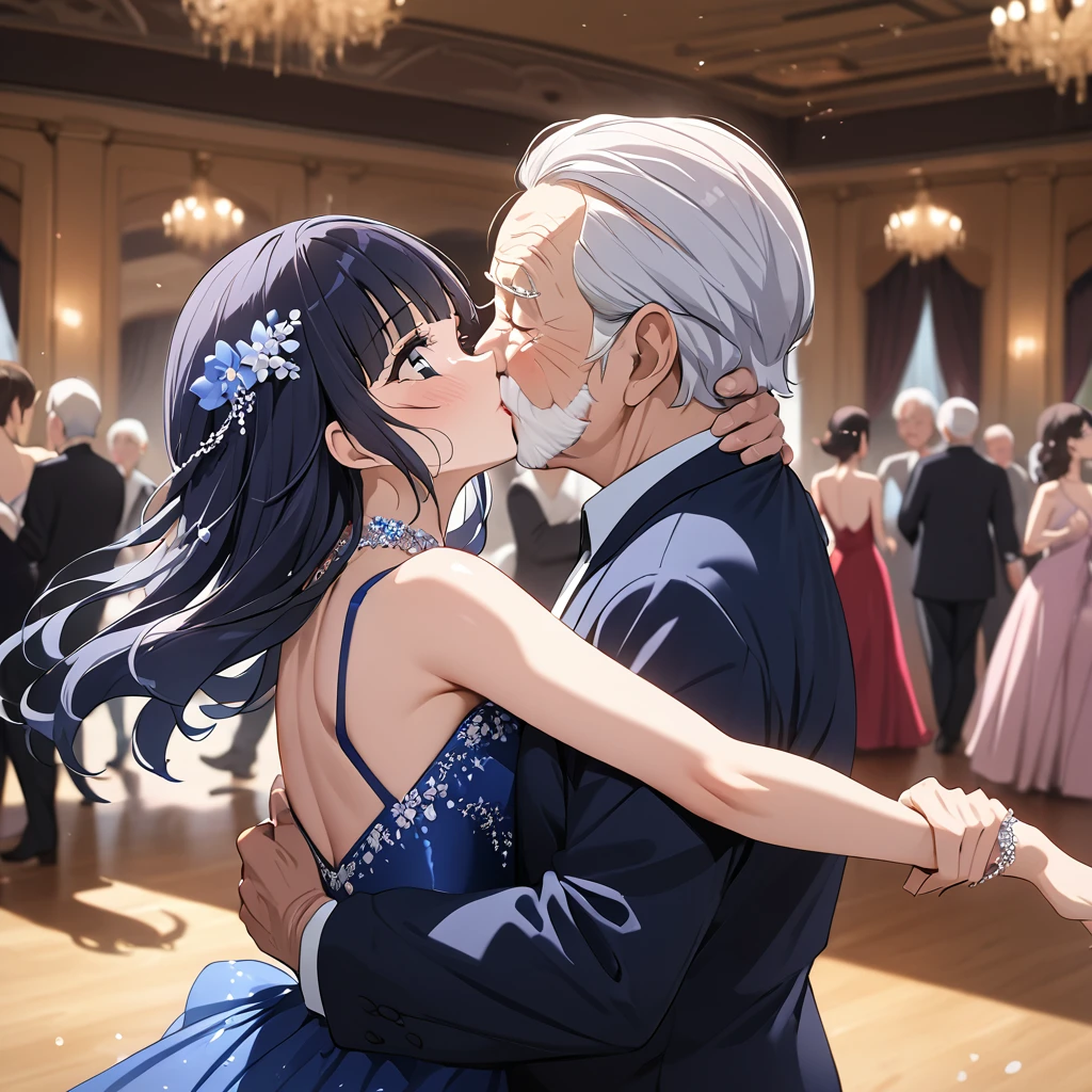 ((Highest quality)), ((masterpiece)), (detailed), (Perfect Face)、The woman is Reika Aoki with semi-long hair、The woman is wearing a ballroom dance costume at a ballroom, dancing gracefully and beautifully while kissing an old man, and is proposed to by the man.