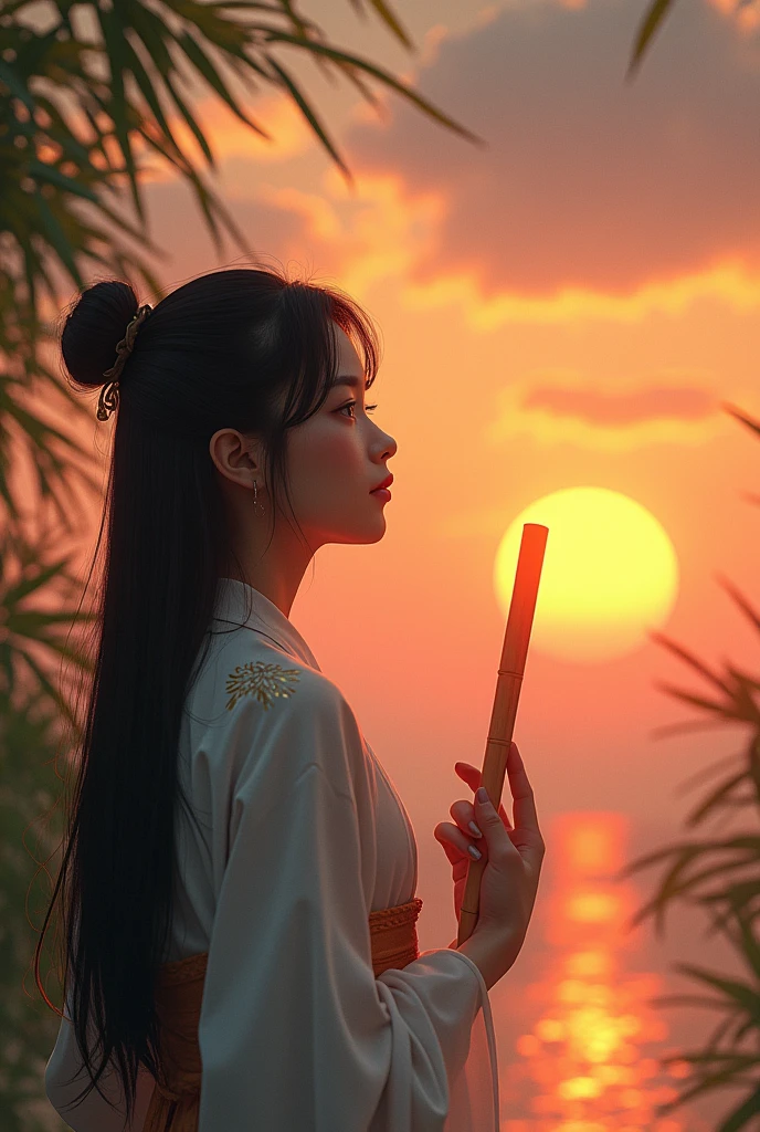 An asian girl,looks into a sunrise, in her hand she holds a bamboo flute