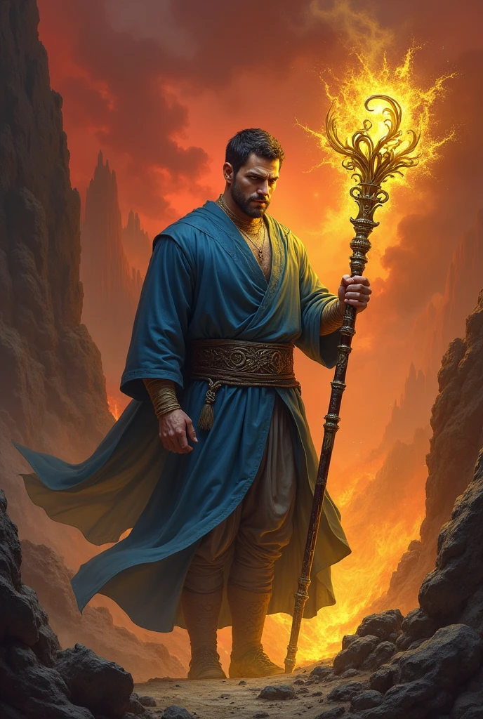 Hellish scene, ultra detailed, hyper realistic, man, normal human, blue tunic, holding intricate staff, yellow magic, serious look,