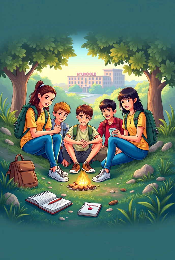Here is the revised prompt for the illustration:

--- Create an illustration that captures the essence of an exciting journey of school and friendship. 

- **Background Details:** A vibrant scene of Vale das Águas with a school in the background and natural elements all around, possibly including trail, bonfire and green trees. 

- **Personagens:** 6 young people stand out: 2 girls and 4 boys. They should be dressed casually and have expressions that convey friendship and determination.. They could be sitting around the campfire or exploring the trail. One of the boys must look more sullen, and one of the girls must look kind.

- **elements:** They include details such as a scout backpack, open diary with visible notes and a glimpse of the school in the background.

- **atmosphere:** The image should evoke a feeling of adventure, overcoming challenges and hope, with vibrant colors and lighting that suggest a positive and uplifting mood.