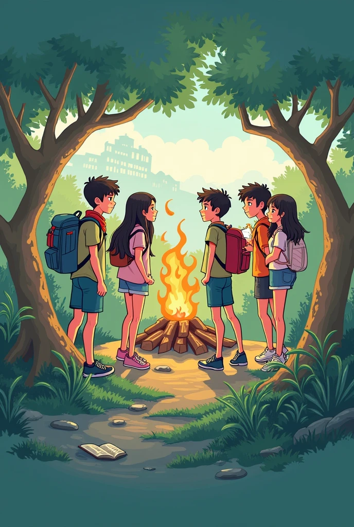 Here is the revised prompt for the illustration:

--- Create an illustration that captures the essence of an exciting journey of school and friendship. 

- **Background Details:** A vibrant scene of Vale das Águas with a school in the background and natural elements all around, possibly including trail, bonfire and green trees. 

- **Personagens:** 6 young people stand out: 2 girls and 4 boys. They should be dressed casually and have expressions that convey friendship and determination.. They could be sitting around the campfire or exploring the trail. One of the boys must look more sullen, and one of the girls must look kind.

- **elements:** They include details such as a scout backpack, open diary with visible notes and a glimpse of the school in the background.

- **atmosphere:** The image should evoke a feeling of adventure, overcoming challenges and hope, with vibrant colors and lighting that suggest a positive and uplifting mood.