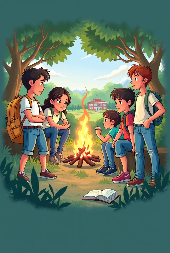 Here is the revised prompt for the illustration:

--- Create an illustration that captures the essence of an exciting journey of school and friendship. 

- **Background Details:** A vibrant scene of Vale das Águas with a school in the background and natural elements all around, possibly including trail, bonfire and green trees. 

- **Personagens:** 6 young people stand out: 2 girls and 4 boys. They should be dressed casually and have expressions that convey friendship and determination.. They could be sitting around the campfire or exploring the trail. One of the boys must look more sullen, and one of the girls must look kind.

- **elements:** They include details such as a scout backpack, open diary with visible notes and a glimpse of the school in the background.

- **atmosphere:** The image should evoke a feeling of adventure, overcoming challenges and hope, with vibrant colors and lighting that suggest a positive and uplifting mood.