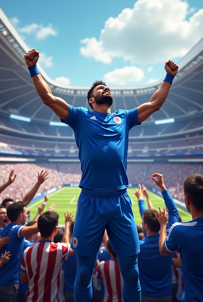 football player, uniform blue, celebrating with the fans, grandstand 