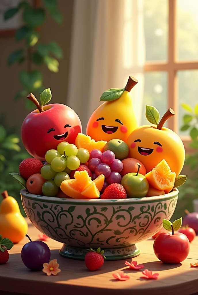 A vibrant and joyful scene of a colorful fruit salad in a large, ornate bowl, set on a wooden table. The fruit salad includes a variety of fruits like bright red apples, yellow bananas, orange slices, green and purple grapes, and plump purple plums, all mixed together harmoniously. The fruits are depicted with smiling faces, expressing happiness and satisfaction with their new form. Around the bowl, there is a warm and inviting atmosphere with a few leaves and flowers scattered, emphasizing the freshness and natural beauty of the scene. The overall image should convey a sense of unity, diversity, and joy, reflecting the positive message of working together and embracing differences.