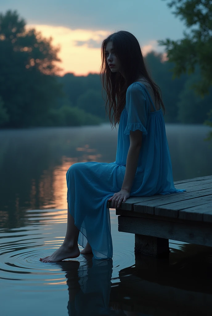 Generate me an image of a girl sitting on a dock while one of her feet touches the water, She wears a blue outfit while it is getting dark