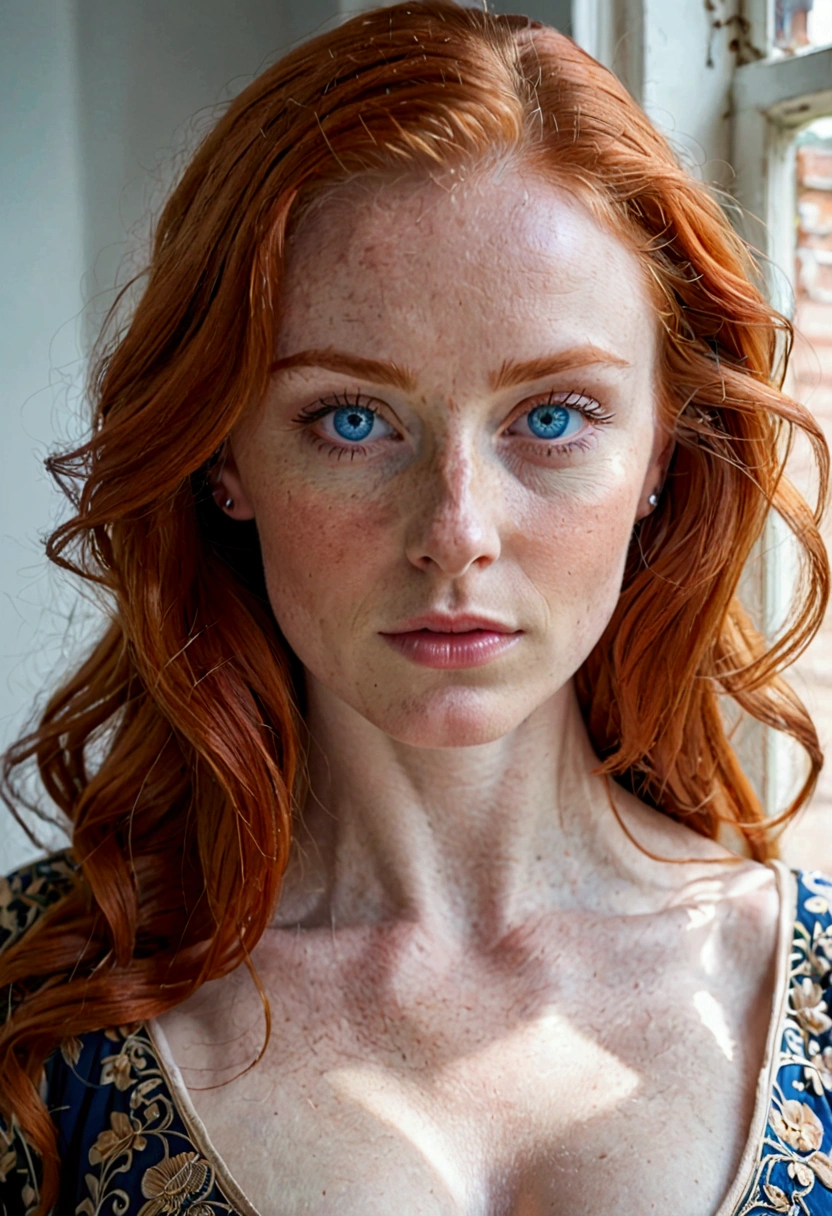 A redhead with blue eyes slightly bent over with a wide neckline looking into the camera 