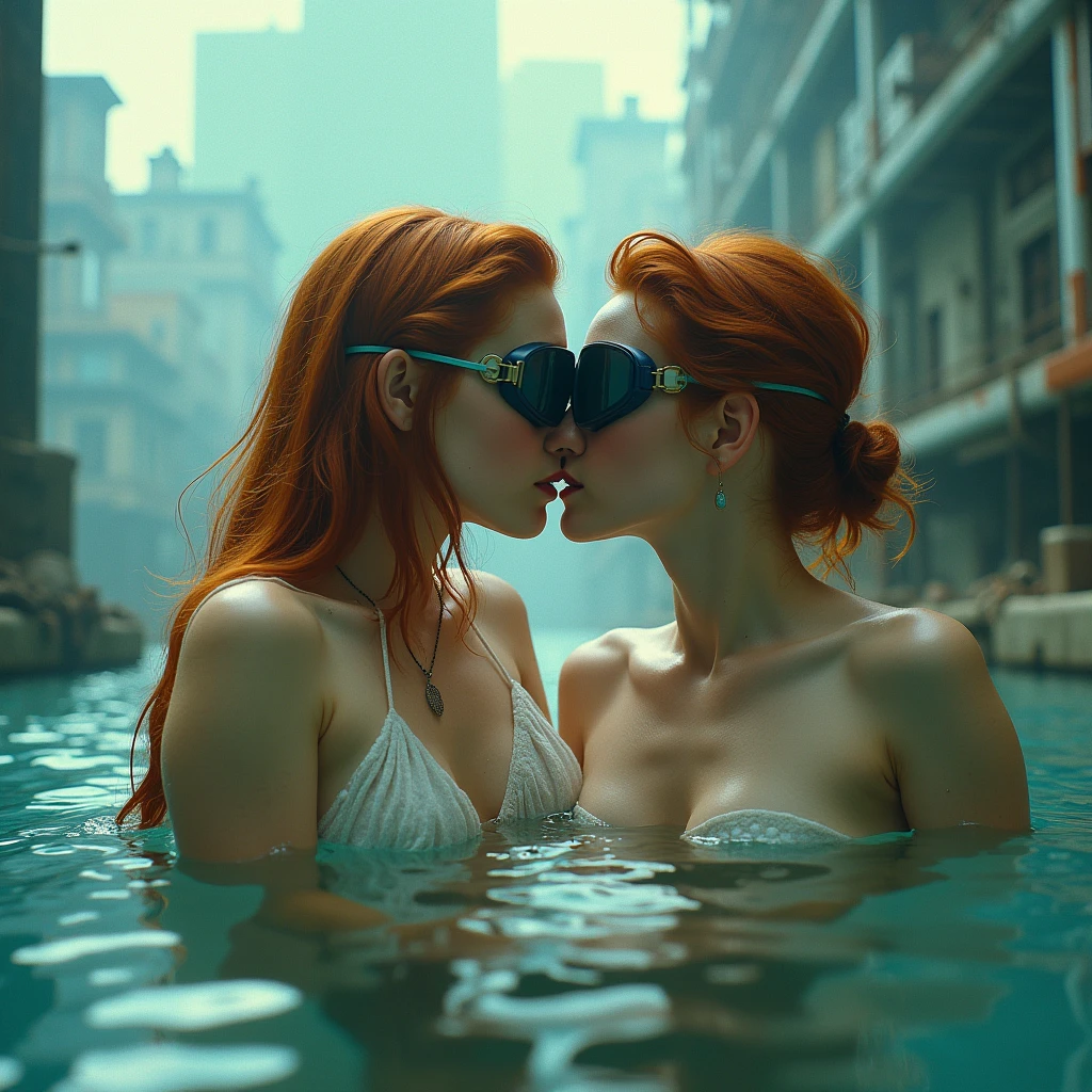 real photo image, of a (ginger-haired cute full body naked girl in love with here slave and spread legs) wearing some blocked googles, lcd screen , growing wire frames, mouth kiss lips, clowncore, . in the style of post-apocalyptic futurism, hyper-realistic human, photo taken with ektachrome, soft and dreamy tones, hyper-realistic water, shot on 70mm, insanely intricate details photo taken with provia