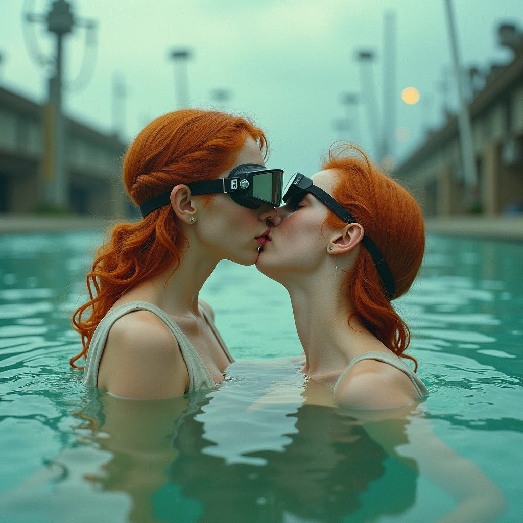 real photo image, of a (ginger-haired cute full body naked girl in love with here slave and spread legs) wearing some blocked googles, lcd screen , growing wire frames, mouth kiss lips, clowncore, . in the style of post-apocalyptic futurism, hyper-realistic human, photo taken with ektachrome, soft and dreamy tones, hyper-realistic water, shot on 70mm, insanely intricate details photo taken with provia