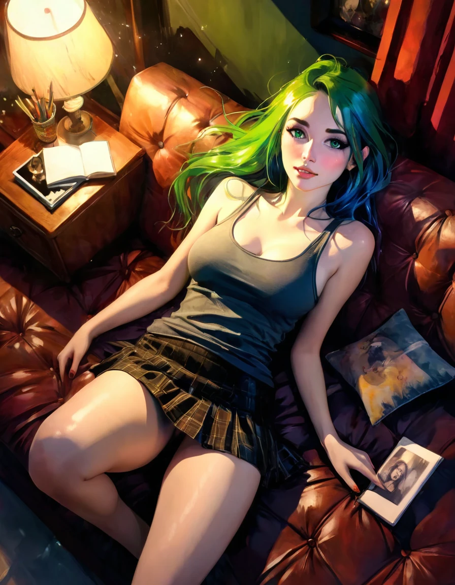 ((masterpiece)), ((best quality)), (ultra detailed), ((extremely detailed)), 4K, (8K), best quality, (beautiful), realistic style, in the room, on the bed, a pretty girl, 1 girl, alone, miniskirt, tank top, beautiful long multicolored hair, beautiful green eyes, ((beautiful eyes)), long hair, light smile, blush, lens flare, from above, selfie, night , on the sofa in a living room with a view of a magical night with stars, eroticism, sexy, black and white image, between shadows, oil painting, chiaroscuro, sensual, dramatic lighting, changing atmosphere, photorealistic, intricate details, work master, ultra detailed, high quality, 8k, best quality, realistic, cinematic, dark and brooding, expressionistic, powerful composition, emotional impact, long multicolored hair{{{,{pussy,opens her pussy,cum,cum in pussy, masterbation,straddling,and}}},cute,ultra detailed skin, sketch}}} art inspired by Bill Sienkiewicz and Dave McKean.
