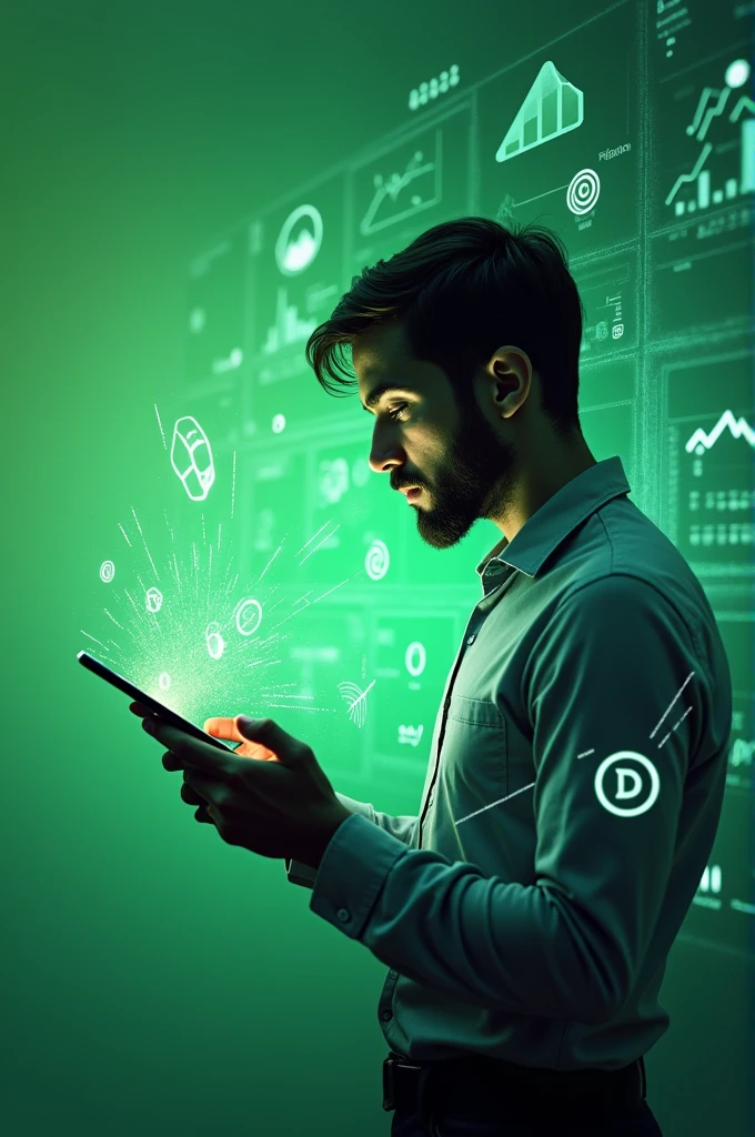 A vibrant image of a person holding a tablet with a green background interface, surrounded by analysis icons, social networks and calendar. Text on Image: &#39;3 Practical Tips for your Campaign!'