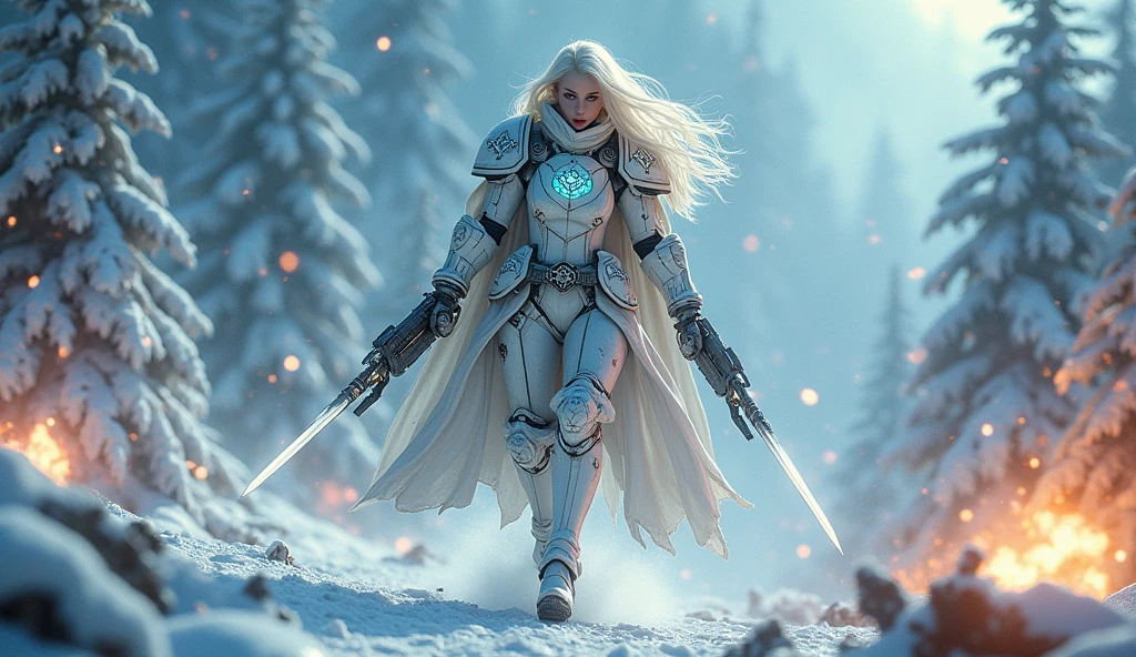 a beautiful woman with long platinum blonde hair, porcelain skin, ice blue eyes, sexy sisters of battle from the warhammer 40k, shooting at the enemy, frosty white space marine armor with intricate details and glowing religous symbols, sisters of battle, Adepta Sororitas, warhammer 40k, Massive silicone breast, pale skin, seductive, temptation, eat your soul, clevage, , standing in a magical winter wonderland with snow-covered trees and frozen lakes, intricate ice crystals and snowflakes surrounding her, (best quality,4k,8k,highres,masterpiece:1.2),ultra-detailed,(realistic,photorealistic,photo-realistic:1.37),fantasy,digital art,cinematic lighting, highly detailed armor, intricate futuristic weaponry, gritty and realistic, mecha, science fiction, hyper-detailed, photorealistic, award winning digital art, 8k, HDR, masters work, in the middle of a battle field, full body combat action pose, explosions and fire around, full war, charging, running forward, attacking, stunning, Stilleto heels, high heels, full body pose, cinematic, dust and debree, combat screams, attacking, shooting at the enemy, sisters of battle, Adepta Sororitas, warhammer 40kdramatic color palette,frozen landscape,ice powers,snow queen