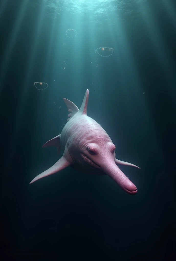 A Goblin Shark with its long snout and pink body, swimming in the dark depths of the sea.