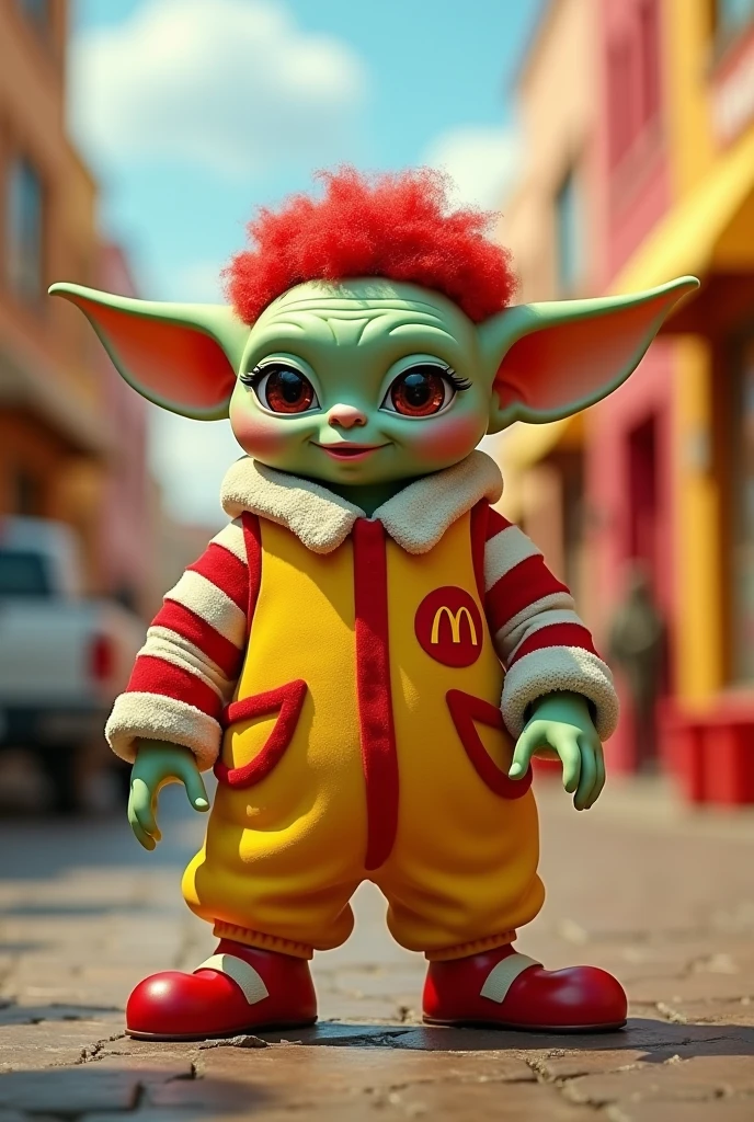 Create me a baby yoda in a Ronald McDonald costume