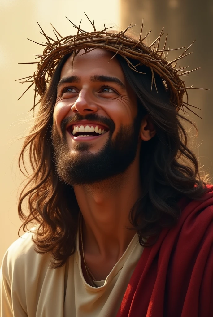 A detailed, realistic image of Jesus Christ smiling warmly while wearing a crown of thorns. Despite the crown, his expression is peaceful and full of compassion, conveying a sense of divine love and forgiveness. His eyes are gentle, and his long, wavy hair falls over his shoulders. The crown of thorns is depicted with intricate detail, but it does not detract from the kindness in his expression. The background is soft and serene, with a warm light surrounding him, emphasizing the sacred and hopeful mood of the scene.