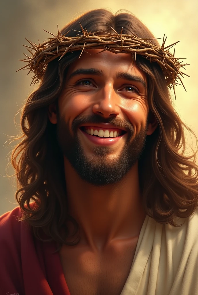 A detailed, realistic image of Jesus Christ smiling warmly while wearing a crown of thorns. Despite the crown, his expression is peaceful and full of compassion, conveying a sense of divine love and forgiveness. His eyes are gentle, and his long, wavy hair falls over his shoulders. The crown of thorns is depicted with intricate detail, but it does not detract from the kindness in his expression. The background is soft and serene, with a warm light surrounding him, emphasizing the sacred and hopeful mood of the scene.