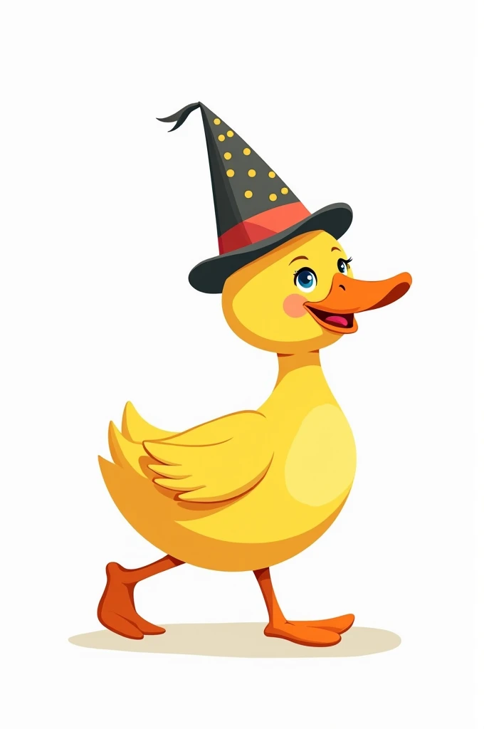 Flat illustration, a happy smiling yellow duck wearing a funny hat the duck walking on a white endless background
