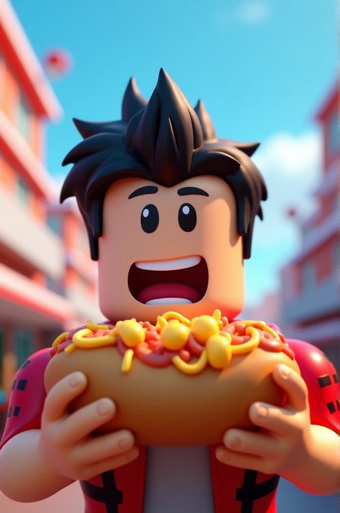 Roblox character eating hotdog with white blue and red colors