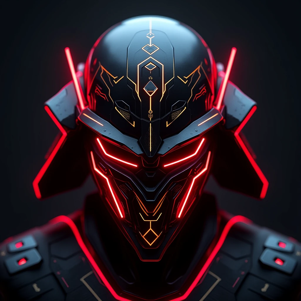 Create an image of a Samurai mask with a sleek, futuristic design, featuring glowing neon lines and highlights, giving it a cool and modern gamer aesthetic. Neno effect of red, black , white and golden.