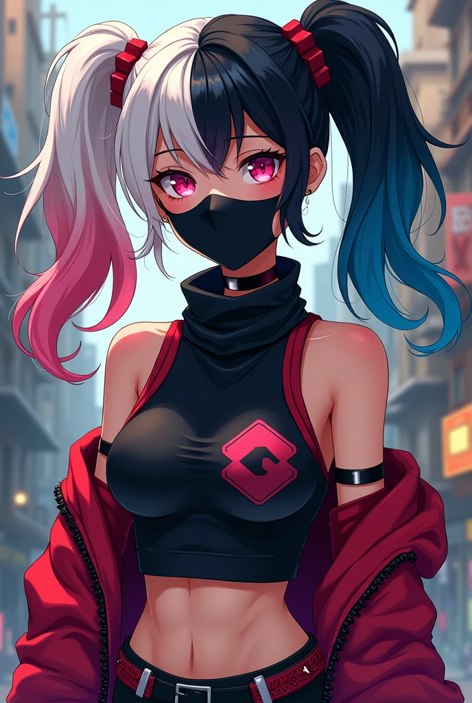 Create an anime style character similar to Harley Quinn with pigtails with one side of her hair black and the other side white with a black mask on her mouth and a black scarf