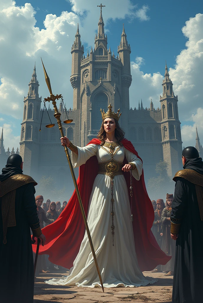 a catholic rosary in the hands of an angry queen, clad in a cape and crown, in the background several people looking at her with fear, in the midst of the people a man in black clothes and cloak with a scale of justice in his hands. near the queen two soldiers and a Catholic bishop in liturgical vestments and mitre. all in front of a beautiful gothic castle with a blue sky