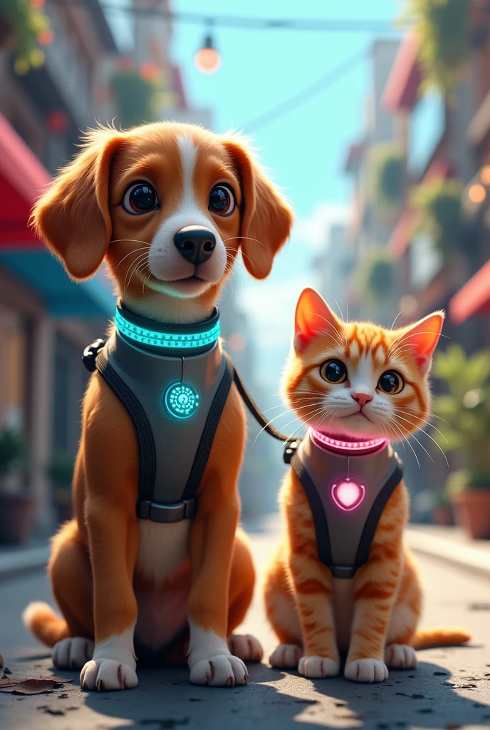 Dog and cat with a leash harness where the collar is technological and shows their emotions