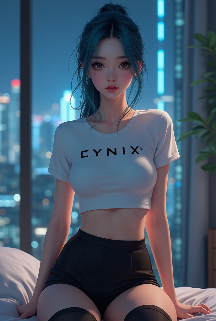 ((Best quality, 8k, Masterpiece :1.3)), Full body, Sharp focus :1.2, Beautiful woman with perfect figure :1.4, Slim stomach :1.2, ((cyan hair, Big breasts :1.2)), body dress : 1.1 , (Night city view, Bedroom :1.1), Highly detailed facial and skin textures, Detailed eyes, Double eyelids, big breasts, White t-shirt with cynix logo, Clean clothes, white t-shirt, exposed cleavage, (Black Pantyhose short), Interior Scene, Office, oppai, sweet smile, t-shirt, pretty pose, pose mengikat rambut, berpakaian sopan