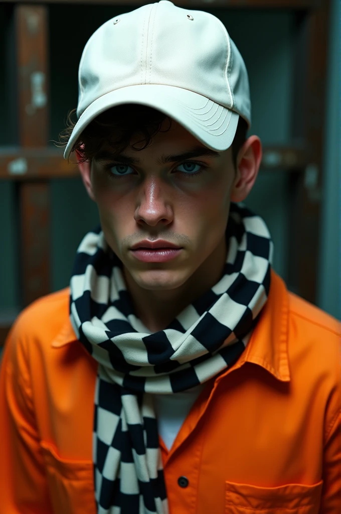 A male character with a white cap, blue eyes, a black checkered scarf and an orange prisoner shirt