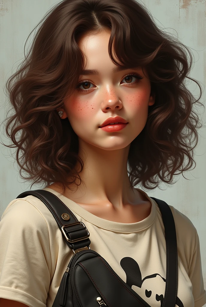 A brunette woman, curly hair a mole below the left eye and two moles on the right cheek, she wears a Mickey messenger bag