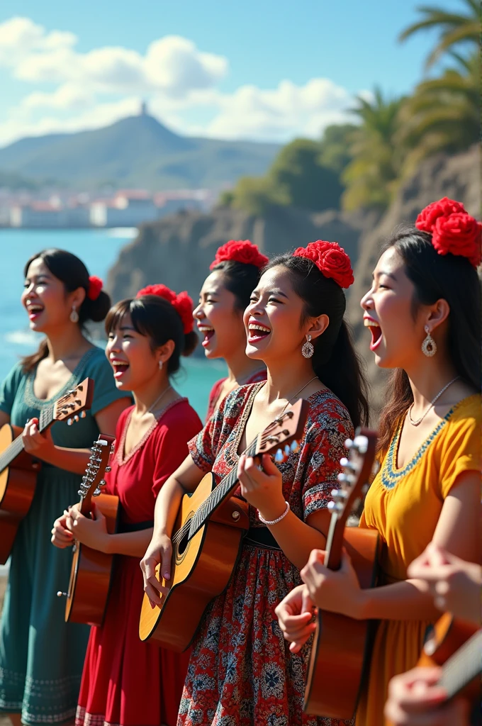 Only female cueca singers of various ages singing and playing guitar, cuequero tambourine and harp in Valparaíso with sea background and realistic faces