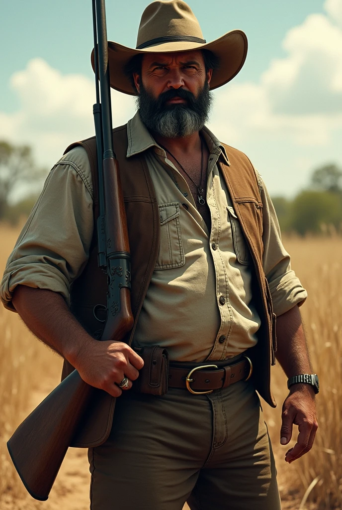 A 2 man wearing clothes and a cowboy hat from the time of the sugar mill owners, small black beard, with a shotgun on his back, This man has to be a strong man but not muscular and in the northeastern backlands in the caatinga.