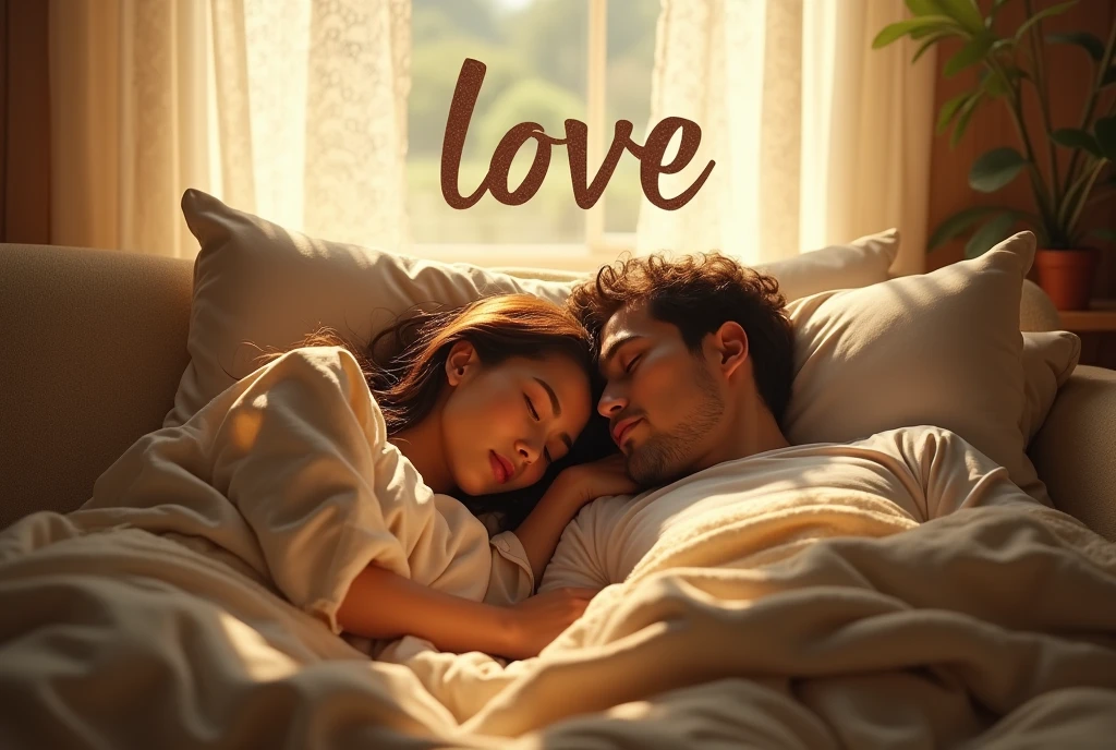 ((masterpiece, highest quality, Highest image quality, High resolution, photorealistic, Raw photo, 8K, Extremely detailed CG unified 8k wallpaper)), The last scene of a romantic film, a man and a woman sleeping on favorite couch on a sunny holiday afternoon, a gentle breeze gently shaking the lace curtains, “love” written in the center of the screen, (view from above:1.2),Looking at viewer,