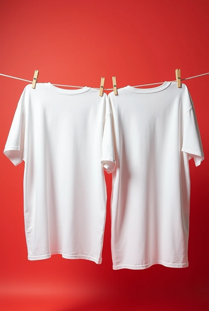 Create a realistic high-resolution image featuring two oversized white cotton t-shirts (220 grams, fine fabric) hanging on a clothesline, as if captured by an iPhone 15 Pro Max  camera. One t-shirt should display the back, while the other shows the front. Both t-shirts should be completely white, without any logos or designs, and should appear perfectly ironed, with visible folds and shadows that emphasize their high-quality fabric and oversized fit. The background should be a red color, creating a striking contrast with the white t-shirts. The lighting should be bright and natural, highlighting the premium texture and structure of the fabric.