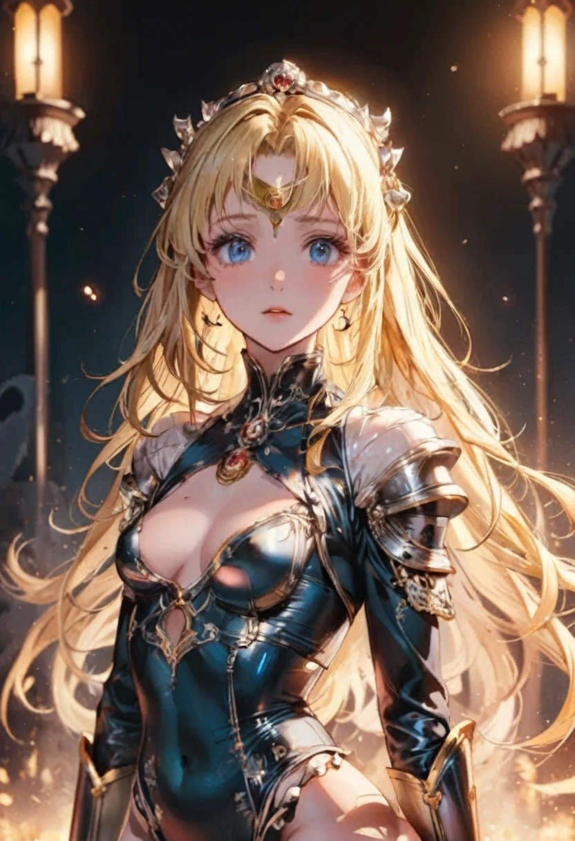 ((best quality)), ((masterpiece)), (detailed), 1girl, Sailor Moon (big forhead:1.2),extremely detailed cute anime face, (((flat chest))), (flat chest:1.1),((((blonde hair)))),intricate eyes,beautiful detailed eyes,symmetrical eyes,(((detailed face))),beautiful detailed lips, dynamic pose, looking at this, resolved, resolute, highres,(best quality),(ultra detailed,extremely detailed),perfect face details, ((masterpiece:1.4, best quality))+, (ultra detailed)+, slim body, skinny, prominent collarbones, skinny arms, flat stomach, visible hip bones, long hair, blonde hair, white hair, blonde hair, perfect face, Detailed body，Full limbs, perfect face, a beaituful goddess valkyrie enshrined in armour, grand in scale and intricacy, occult aesthetic, occult, detailed and intricate steampunk and detailed gothic, Very dramatic and cinematic lighting, cosmic horror, grim dark, Red and white with a sense of technology, side-lighting, NSFW, Depicting female characters from ethereal anime in a high-quality anime art style, gothic ****ta, full body, whole body, body