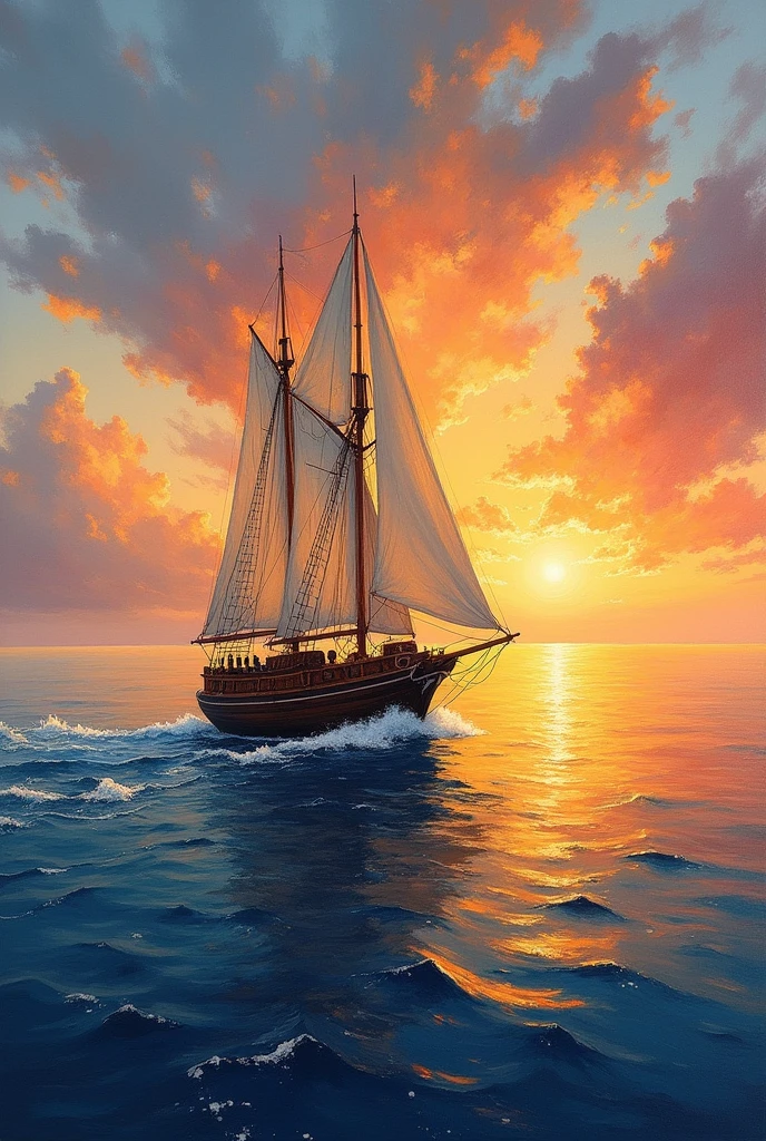 Acrylic painting of a sailing boat in the sea at sunset