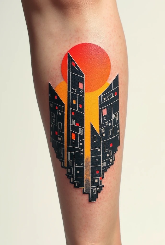 Tattoo of the tile mosaics of the ray movement that starts in the north of Brazil, use featuringo base as imagens desse site https://www.archdaily.featuring.br/br/997637/lightning-that-splits-architecture-between-shards-and-colors-in-the-stop , offwhite,tatuagem em fundo offwhite, skinless,preto e offwhite