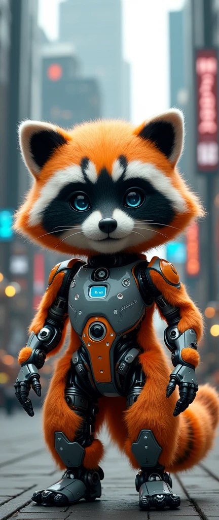 A photo of a technologically advanced robotic creature resembling a cute extra fluffy baby realistic raccoon. The robot has a vibrant orange and gray color scheme, with intricate mechanical details. It has a digital display on its chest, blue eyes, and multiple articulated limbs. The robot stands in an urban setting with tall buildings in the background, illuminated by city lights.