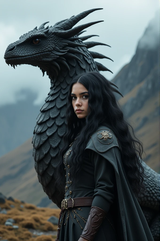 Create a real image of a girl with black eyes and black hair, with a dragon with the theme of game Of thrones