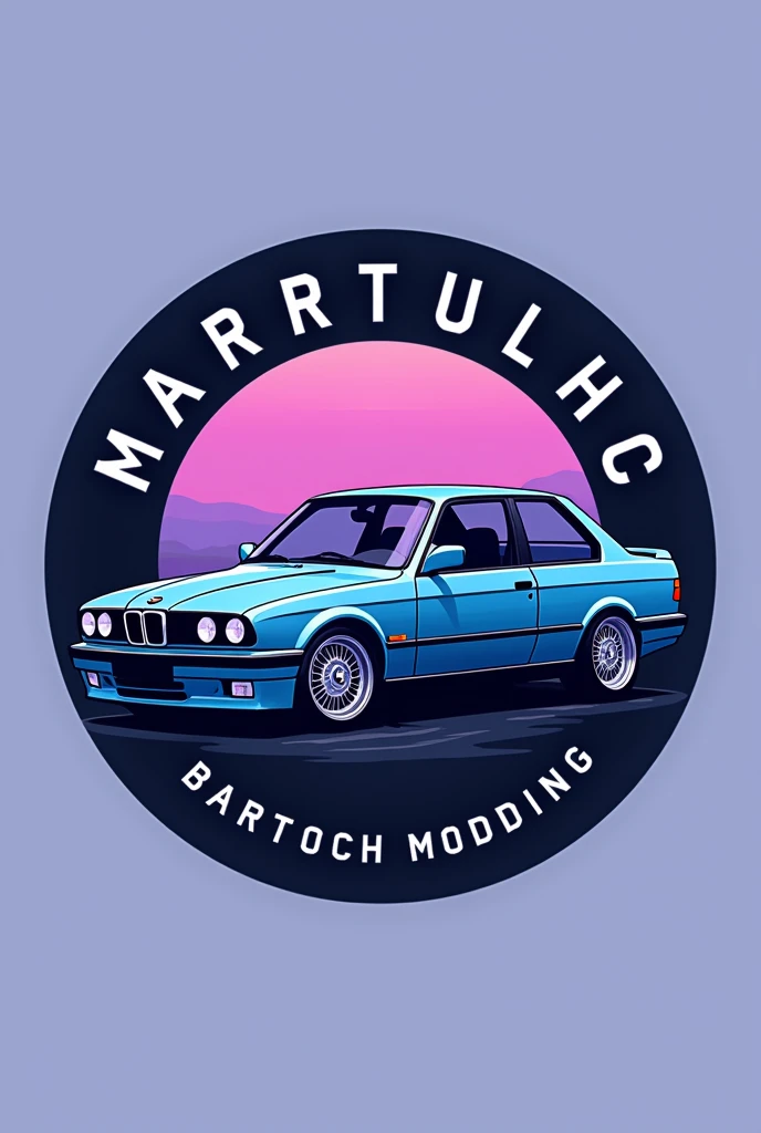 Le logo se présente sous la forme d’un cercle de couleur violet avec des nuances plus claires et plus foncées, créant un effet de dégradé subtil.
Au centre du logo, on peut voir une silhouette de profil d’une BMW E34 de couleur bleu clair. Cette voiture est parfaitement centrée dans le cercle violet.
Autour de la voiture, dans un cerclage noir, on peut lire les mentions “MoleculeTHC” et “Bartoch Modding” écrites en lettres blanches.
L’ensemble dégage une esthétique épurée et élégante, avec les éléments principaux (la voiture, le cerclage noir et les textes) bien mis en valeur grâce au dégradé violet du fond.
Ce design semble viser une ambiance à la fois moderne, luxueuse et liée à l’univers des voitures de sport
