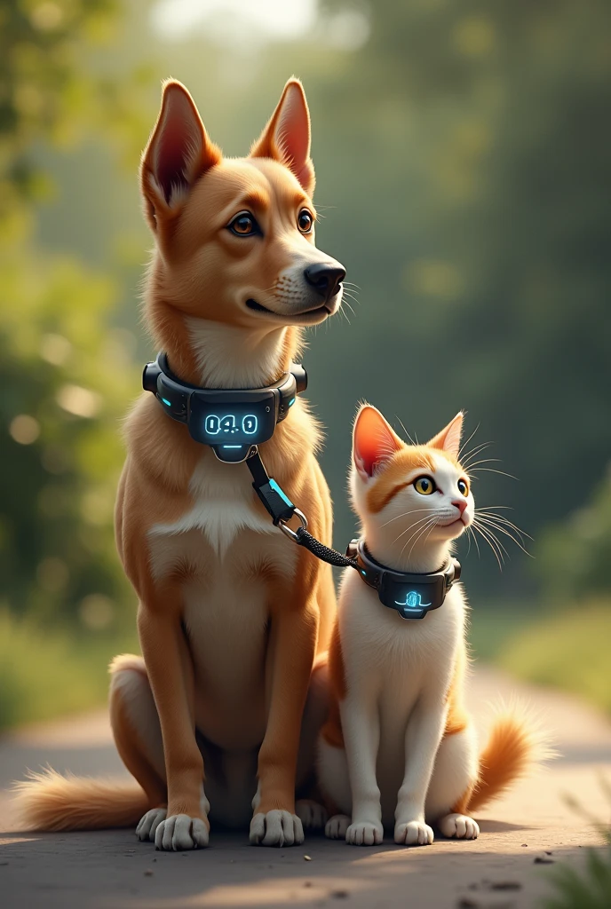 Realistic dog and cat with a leash and chest collar where the collar is technological and shows their emotions 