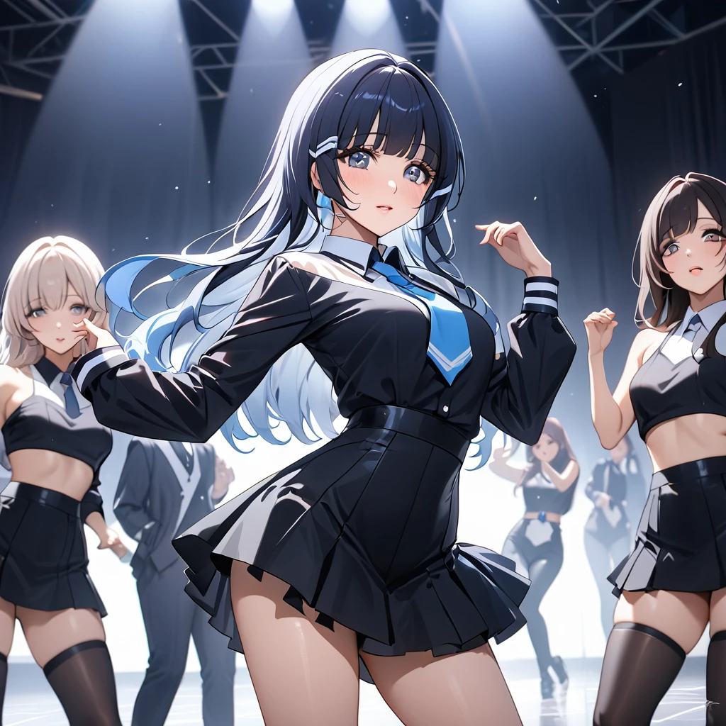((Highest quality)), ((masterpiece)), (detailed), （Perfect Face）、The woman is Aoki Reika, has medium-long hair and is a member of a Korean K-POP girl group.、The woman is wearing a cool costume from a Korean K-POP girl group, dancing elegantly and coolly in K-POP dance, and engaging in prostitution with the team members.