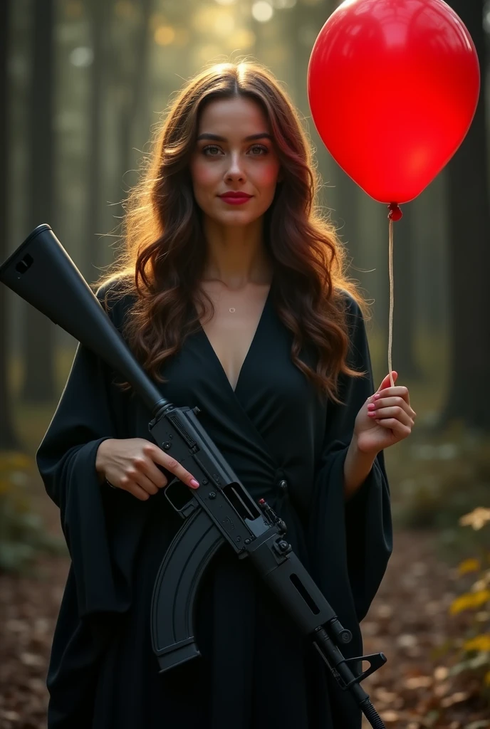 Beautiful girl big smile with wavy long hair, Waring a black full frock with covered hand holding a gun ak47and another hand holding a  red balloon his standing on dark Forest with some warm yellow light  