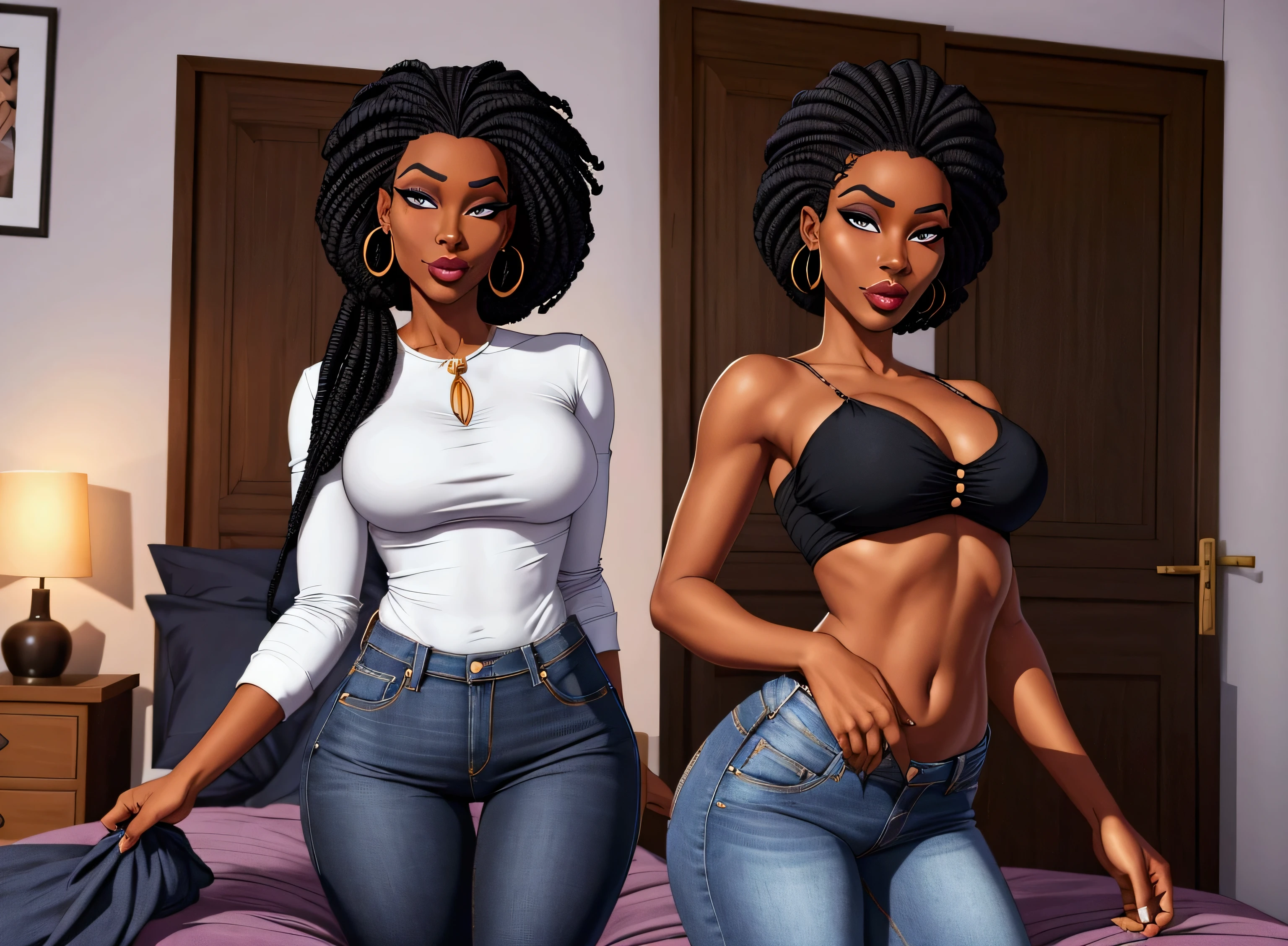 femme africaine sexy, habillez en pantalon jeans et un body, avec de long cheuveux noir qui descende sur ses fesses, dans une grande chambre , percing sur le nez, visage fache, 1 femme