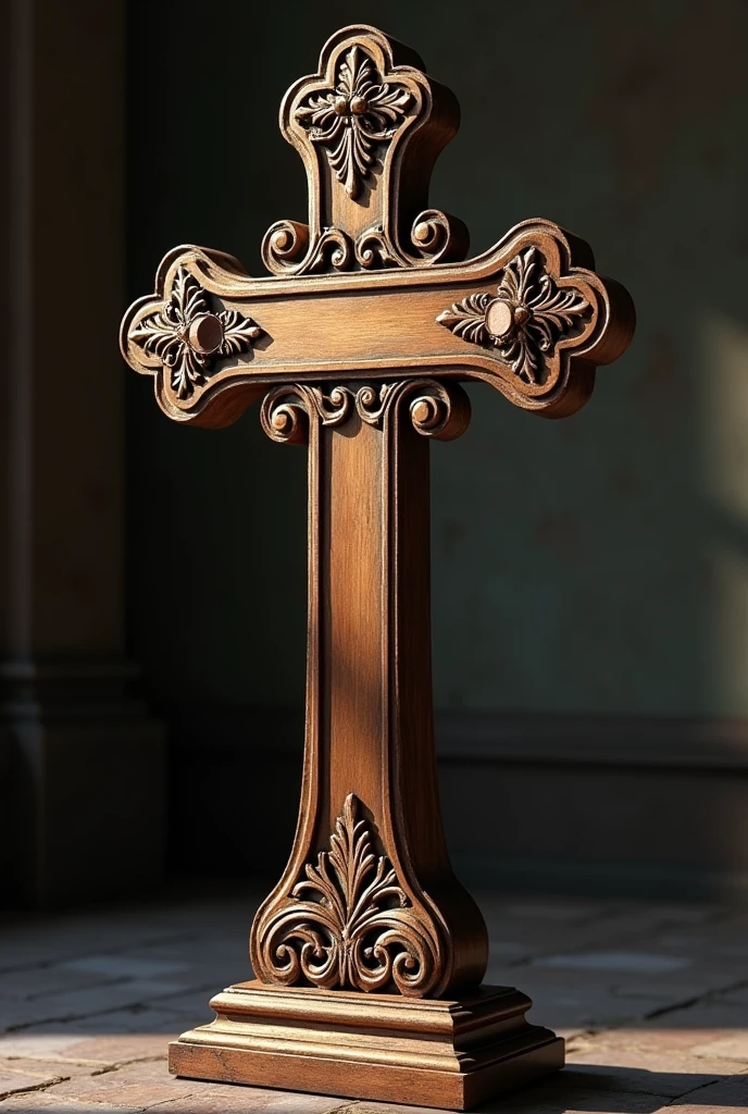 Baroque style wooden cross with space to write a name on the crossbar