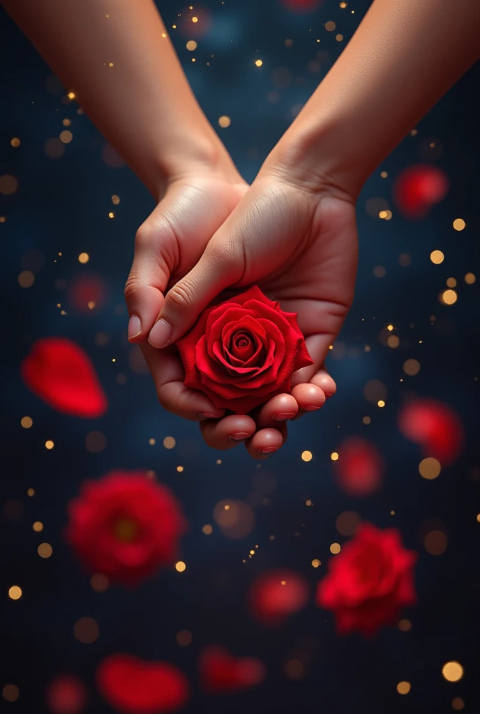 Image of two hands clasped together under a starry sky, with gold details and a touch of vibrant red with roses, symbolizing lasting love and renewed passion.