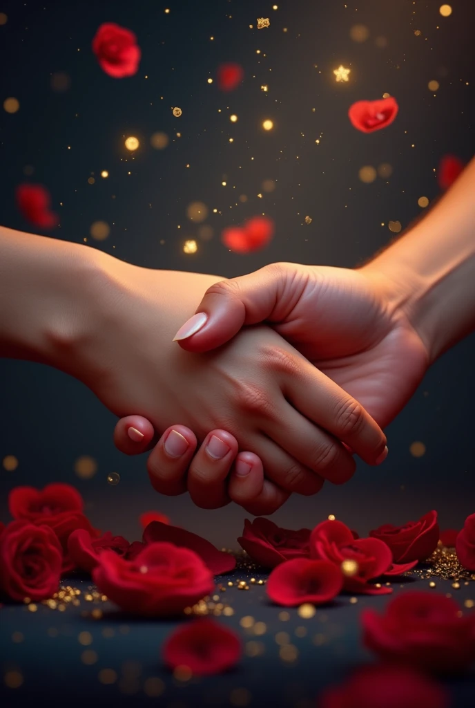 Image of two hands clasped together under a starry sky, with gold details and a touch of vibrant red with roses, symbolizing lasting love and renewed passion.