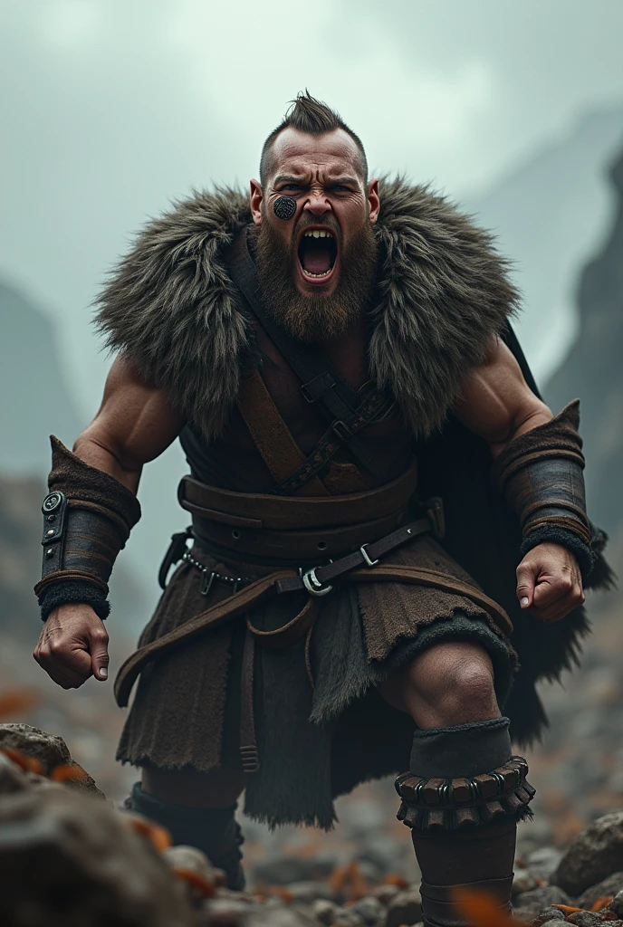 Realistic Viking warrior screaming with teeth bared with a Norse tattoo around his eye and with his eyes open
